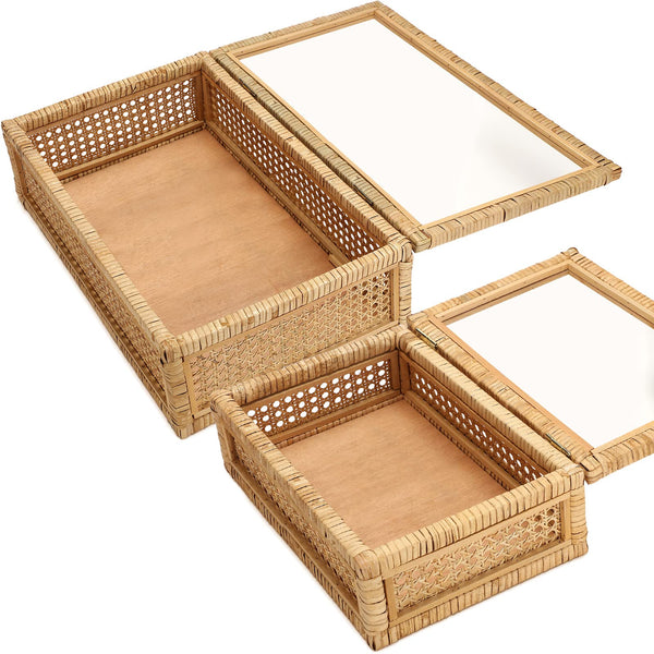 Rattan Storage Baskets with Glass Lids Set of 2