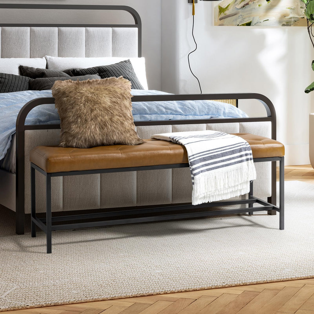 Upholstered Storage Ottoman Bench with Metal Legs – Camel