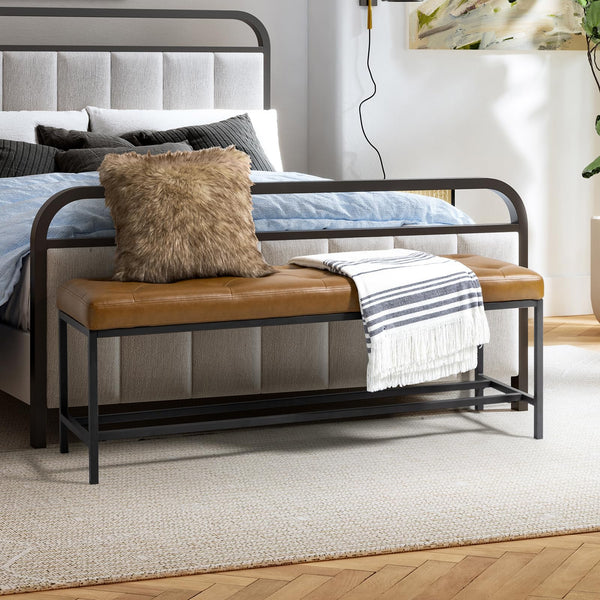 Upholstered Storage Ottoman Bench with Metal Legs – Camel