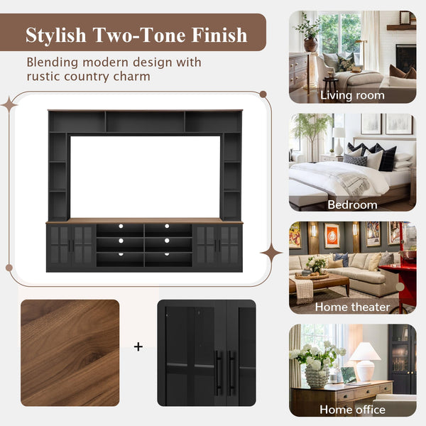 95.5" Wall Unit TV Stand Set with Bookshelves, Entertainment Center for Televisions Up to 80", Large Media Console with Cabinets and Tempered Glass Doors for Living Room