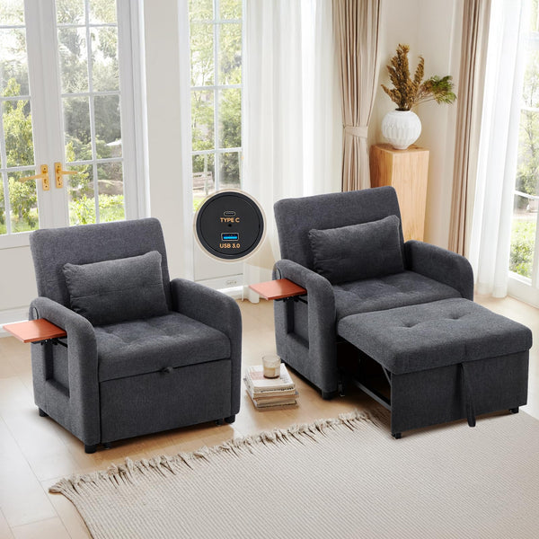 Convertible Sleeper Chair with USB Port & Foldable Table