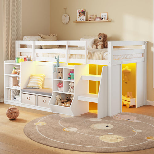 Twin Low Loft Bed with Storage, LED Lights & Reading Nook