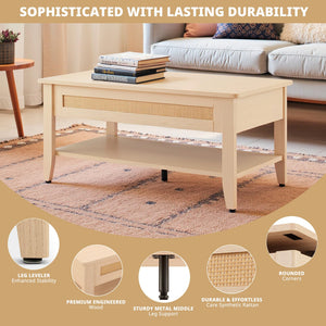 Rattan Lift Top Coffee Table with Hidden Compartment & Storage Shelf