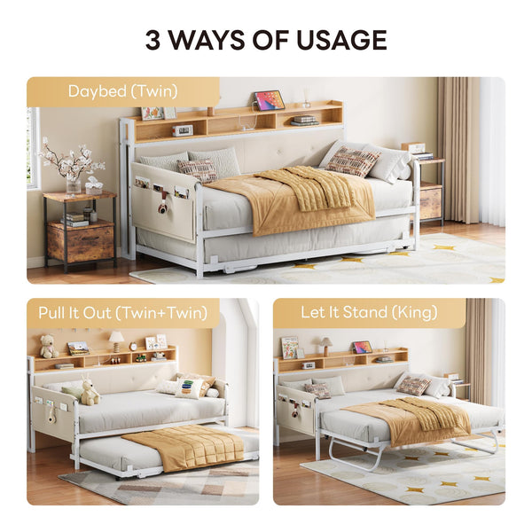 Twin Daybed with Trundle, Upholstered Headboard & Charging Station