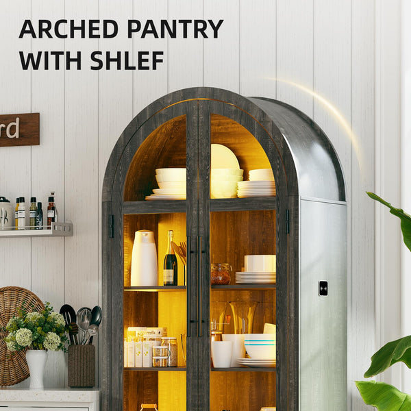 Arch Display Cabinet with Glass Doors, LED Lights & Drawer – 73" Tall