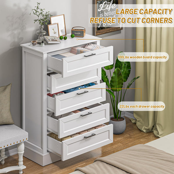 White 5-Drawer Dresser with Black Handles
