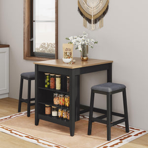 HLR 3-Piece Dining Table Set for 2 Person, Small Farmhouse Kitchen Table with 2 Bar Stools, Wood Dinner Table with Storage Shelves for Dining Room, Apartment, Small Space, Breakfast Nook, Black