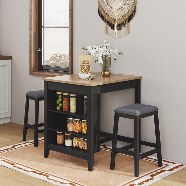 HLR 3-Piece Dining Table Set for 2 Person, Small Farmhouse Kitchen Table with 2 Bar Stools, Wood Dinner Table with Storage Shelves for Dining Room, Apartment, Small Space, Breakfast Nook, Black