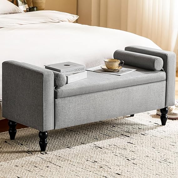 Linen Storage Ottoman Bench with Solid Wood Legs