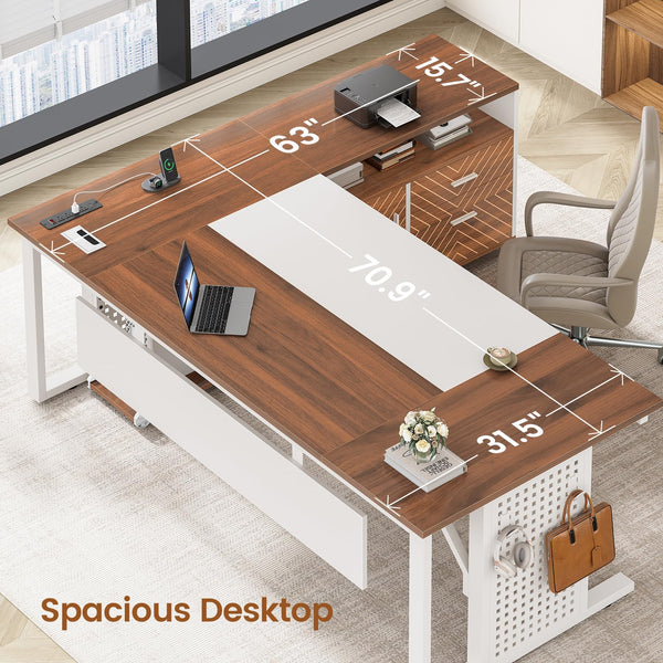 L-Shaped Executive Desk with Rolling File Cabinet & Power Outlets
