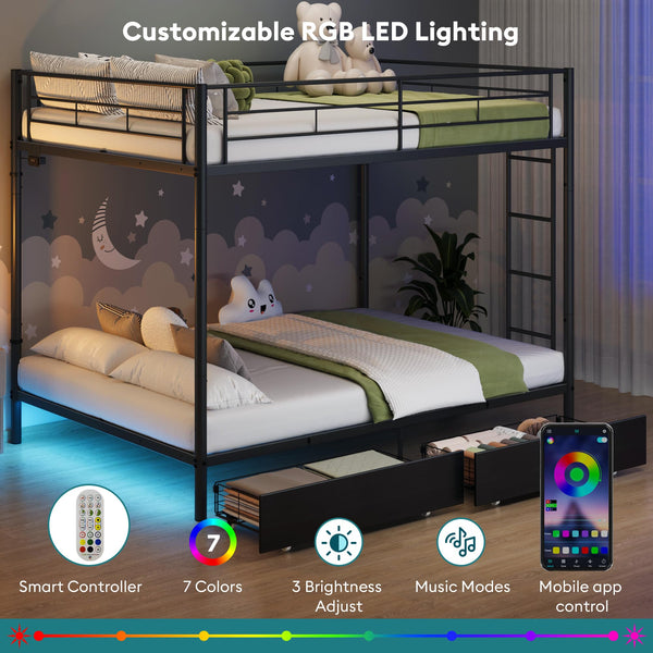 Twin Over Twin Metal Bunk Bed with LED Lights & USB Charging