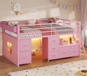 Twin Low Loft Bed with Storage Drawers, Bookcase & LED Lights