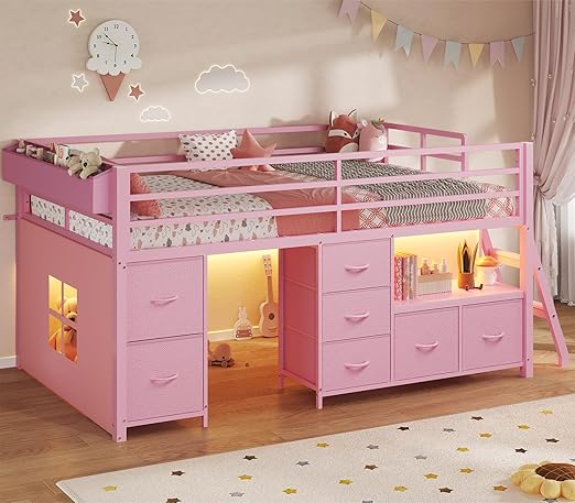 Twin Low Loft Bed with Storage Drawers, Bookcase & LED Lights