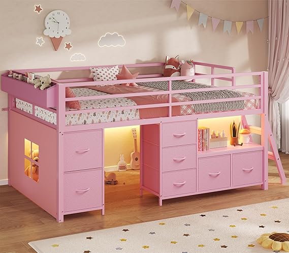 Twin Low Loft Bed with 7 Storage Drawers, LED Lights & Under-Bed Play Space
