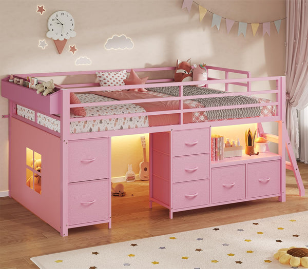 Low Loft Bed Twin Size with Storage Drawers, Bookcase and LED Lights