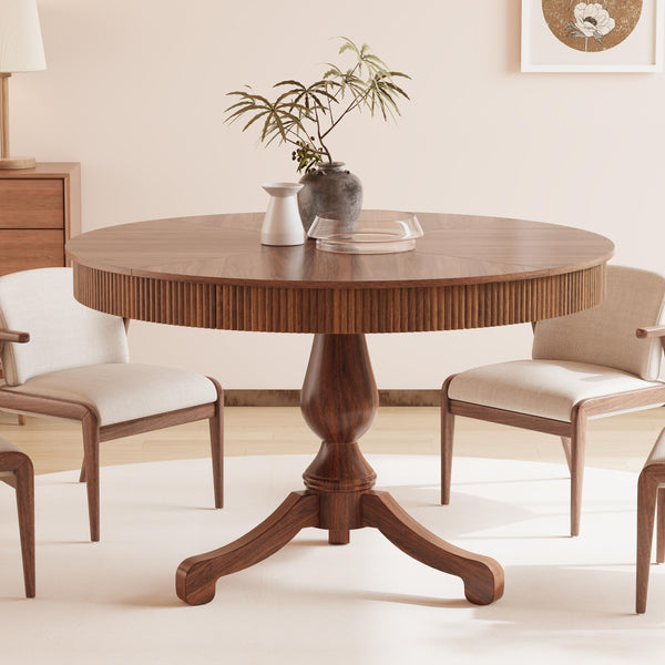 47 Inch Round Dining Table with 2 Storage Drawers — Mid-Century Pedestal Base