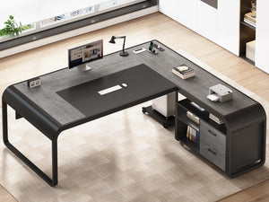 61 Inch L-Shaped Executive Desk with File Drawer, Power Outlets & CPU Stand