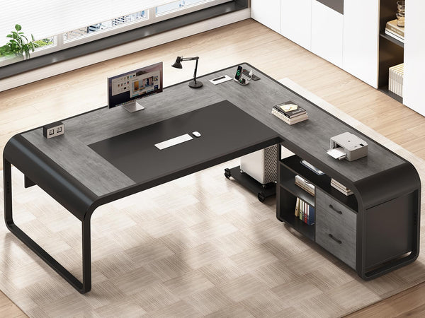 61 Inch L-Shaped Executive Desk with File Drawer, Power Outlets & CPU Stand