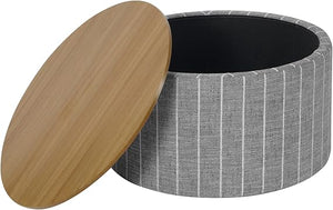 Round Storage Ottoman with Wood Top