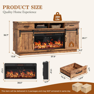 Fireplace TV Stand with Electric Fireplace, LED Light & Sliding Barn Door – Fits TVs up to 65"