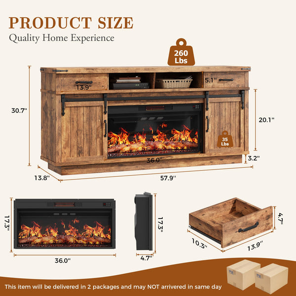 Fireplace TV Stand with Electric Fireplace, LED Light & Sliding Barn Door – Fits TVs up to 65"