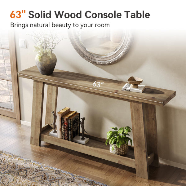 63-Inch Solid Wood Farmhouse Console Table with 2-Tier Shelf