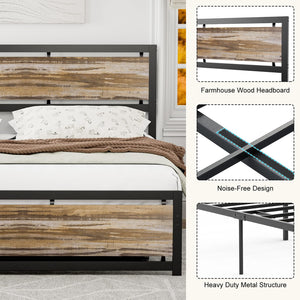 California King Metal Platform Bed Frame with Wooden Headboard – Industrial Style