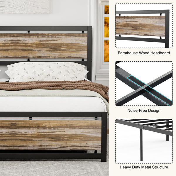 California King Metal Platform Bed Frame with Wooden Headboard – Industrial Style