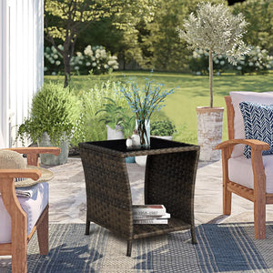 Outdoor Wicker Side Table with Glass Top