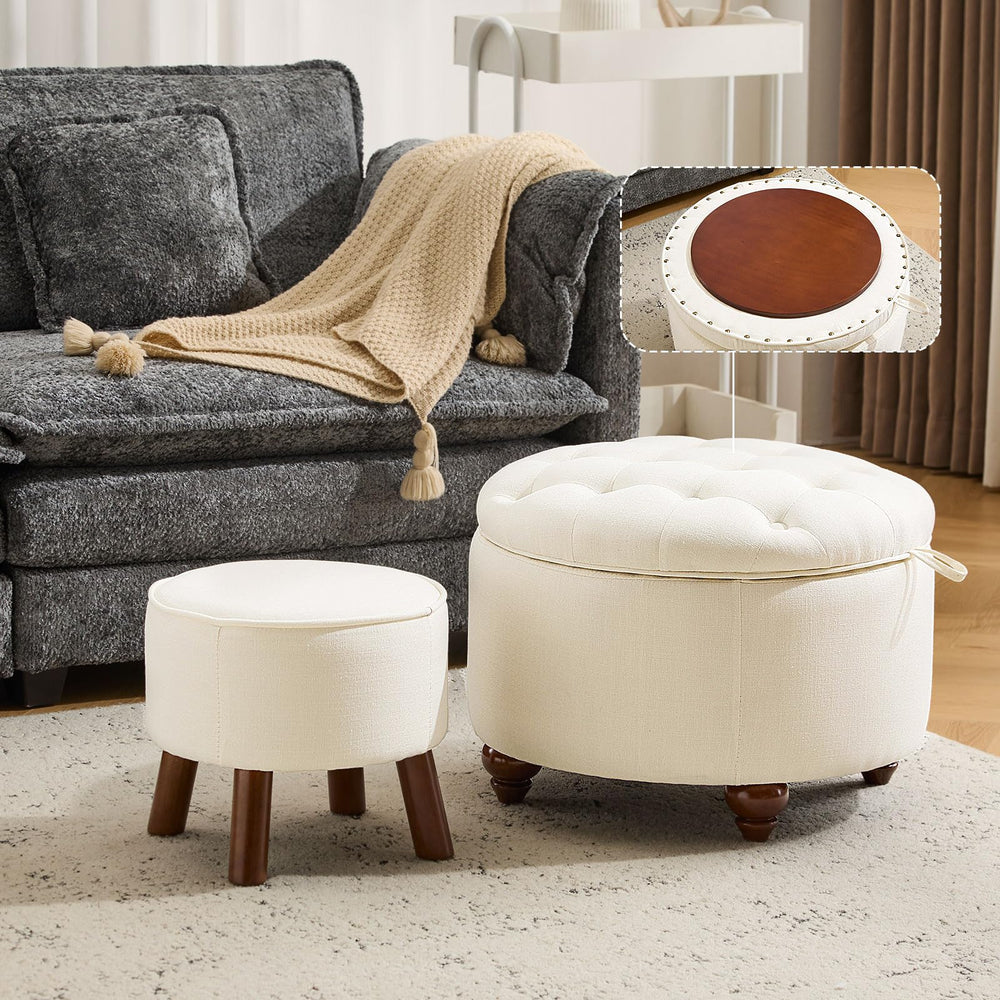 Round Storage Ottoman Set of 2 with Removable Lid & Small Stool