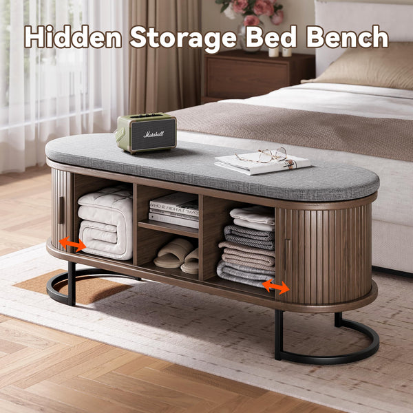 Storage Bench with Cushion and Sliding Doors