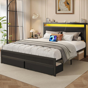 Queen Bed Frame with Storage Headboard, LED Lights & Charging Station