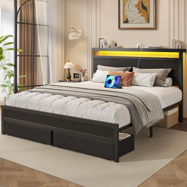 Queen Bed Frame with Storage Headboard, LED Lights & Charging Station
