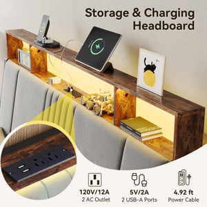 Upholstered Platform Bed Frame with LED Lights, Storage Headboard & Charging Station