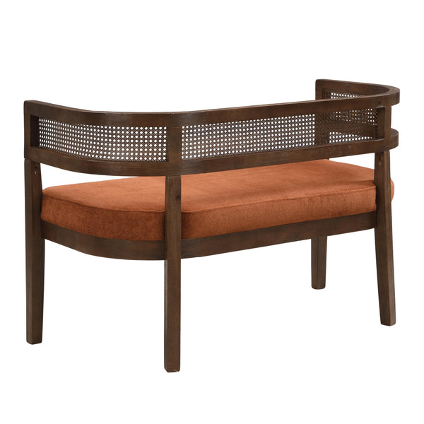 Fabric Upholstered Loveseat with Rattan Backrest & Rubberwood Frame