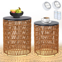 Boho Outdoor Side Table Set of 2 with Dimmable Ambient Light & Remote