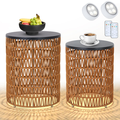 Boho Outdoor Side Table Set of 2 with Dimmable Ambient Light & Remote