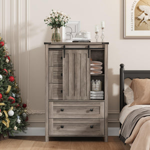 Farmhouse 5-Drawer Dresser with Sliding Barn Door