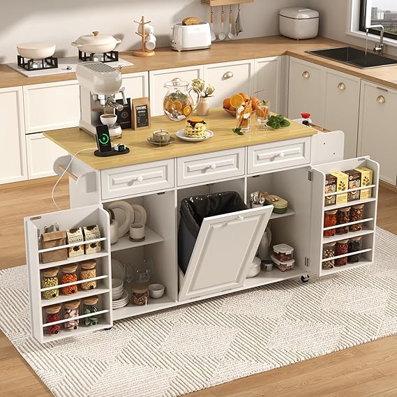 Rolling Kitchen Island with Power Outlet & Drop Leaf