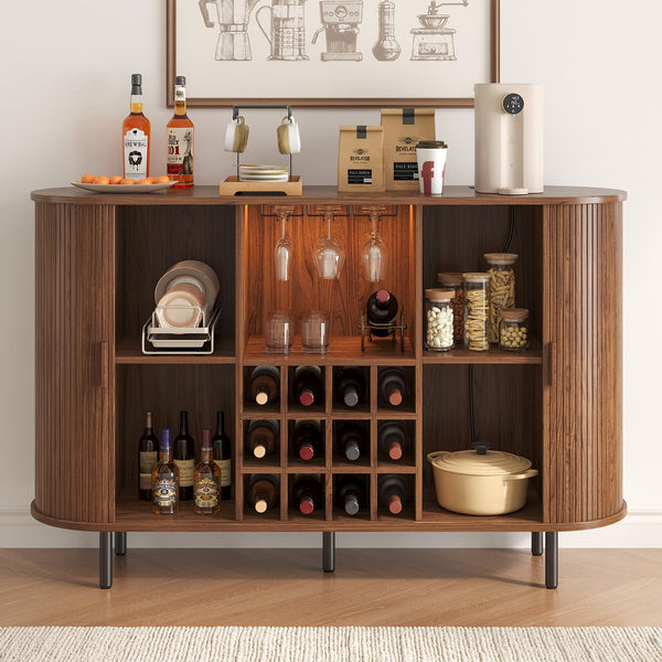 55-Inch Fluted Wine Bar Cabinet with LED Lighting & Charging Station