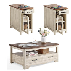 3-Piece Farmhouse Living Room Table Set with Charging Station