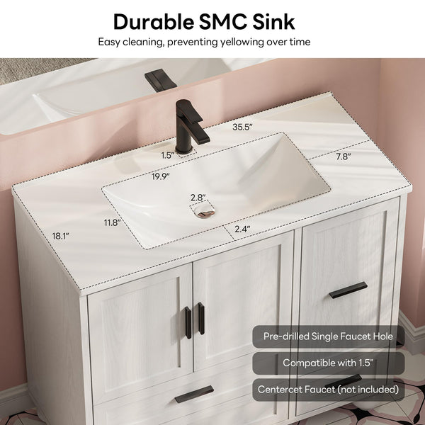 36" Bathroom Vanity with Sink and Hair Tool Drawer – 4 Drawers, 2 Doors, Undermount SMC Sink, White