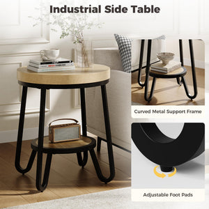2-Tier Round Side Table with Storage Shelf, 19.7" Wood Tabletop & Curved Metal Legs, Light Brown