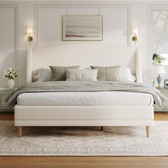 Upholstered Platform Bed with Boucle Wingback Headboard