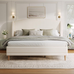 Upholstered Platform Bed with Boucle Wingback Headboard