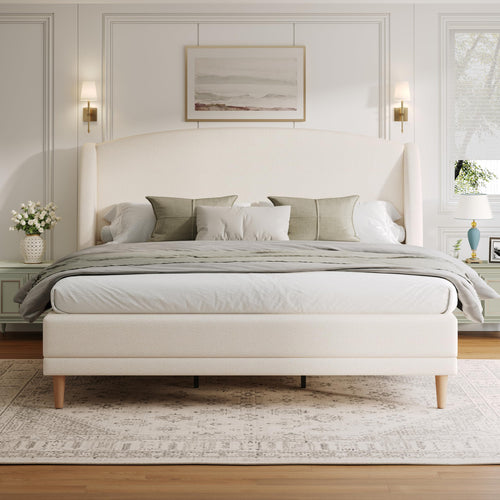Upholstered Platform Bed with Boucle Wingback Headboard