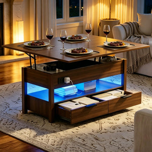 Lift Top Coffee Table with Power Outlets, LED Lights & Storage