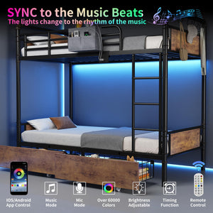 Twin Over Twin Metal Bunk Bed with LED Lights, Storage Drawers & USB Charging