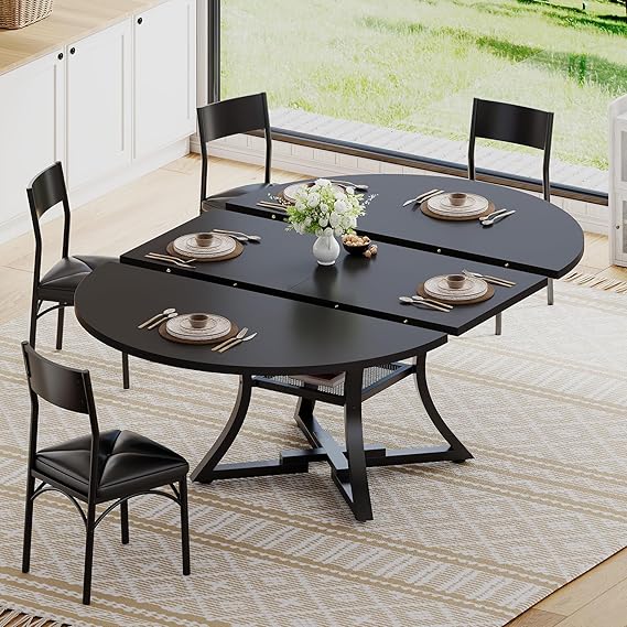 Round Extendable Dining Table Set for 4-8 — 5-Piece Kitchen Table with 4 Cushion Chairs