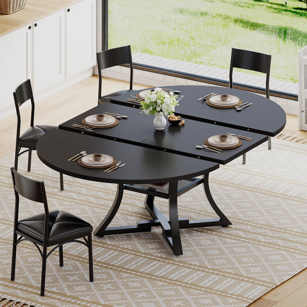 Expandable Round Dining Table Set for 4-8 – 5-Piece with Cushion Chairs